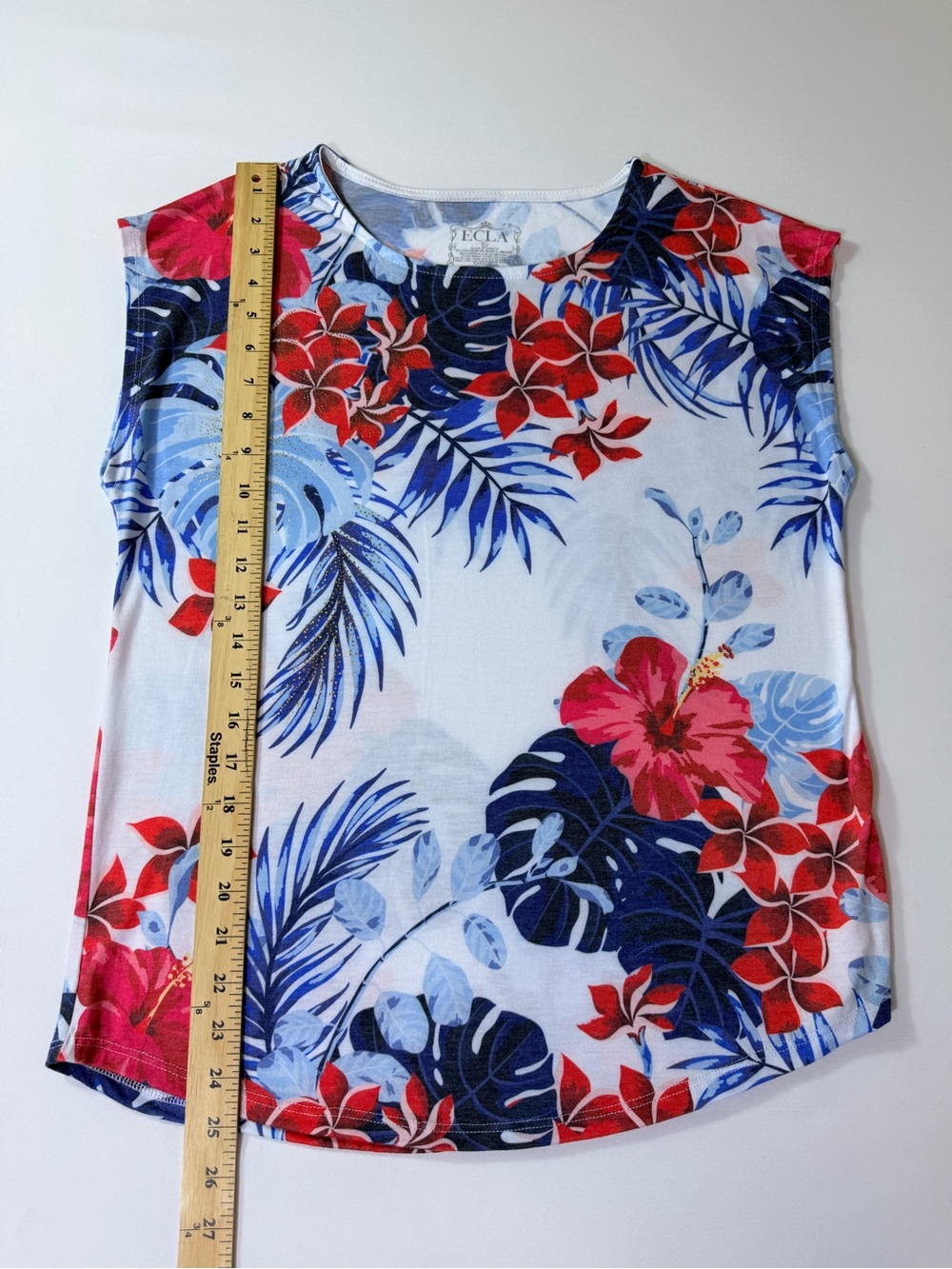Womens Tropical Hibiscus Flower T Shirt Short Sleeve Blue Red Hawaiian Sz Medium - Picture 4 of 6